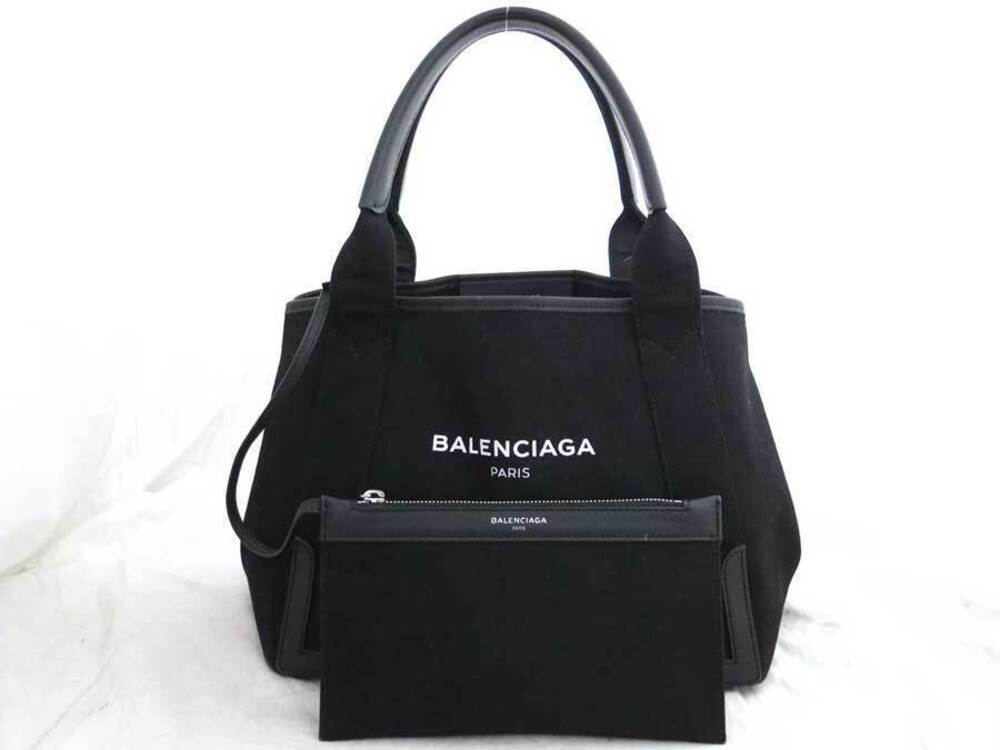 Balenciaga Black Bag Cabas Canvas Blue Tote Navy Leather Handbag